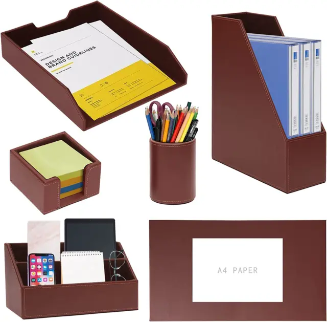 6 Piece Office Supplies/Desk Organizer Set with Desktop Leather Writing Pad,File