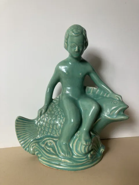 Turquoise Glazed Pottery Boy & Fish Waves RRP Robinson Rainsbottom USA Antique