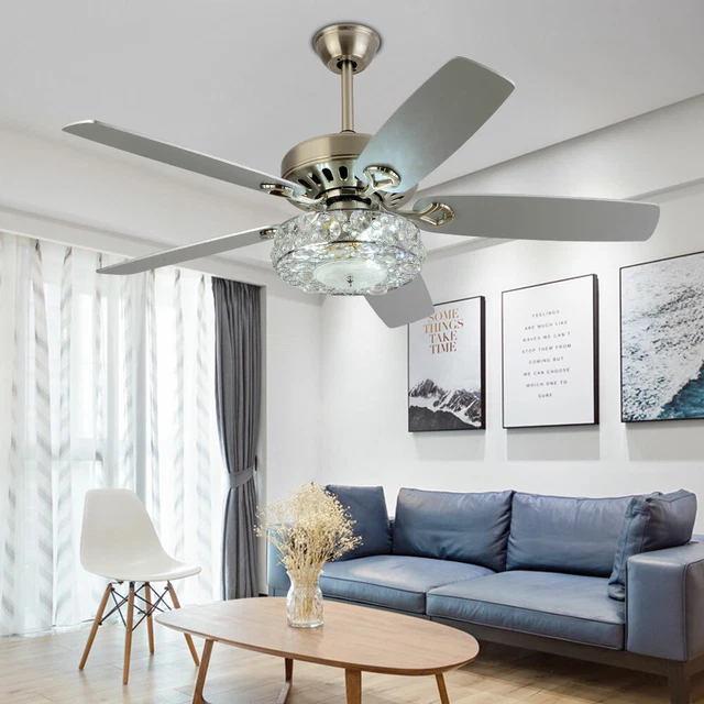 52" Modern Crystal Ceiling Fan Light Chandelier Lamp Reversible Blades w/ Remote