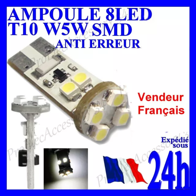 Ampoule A 8 Led Smd Lampe Phare Veilleuse Blanc Xenon W5W T10 Anti Erreur Canbus