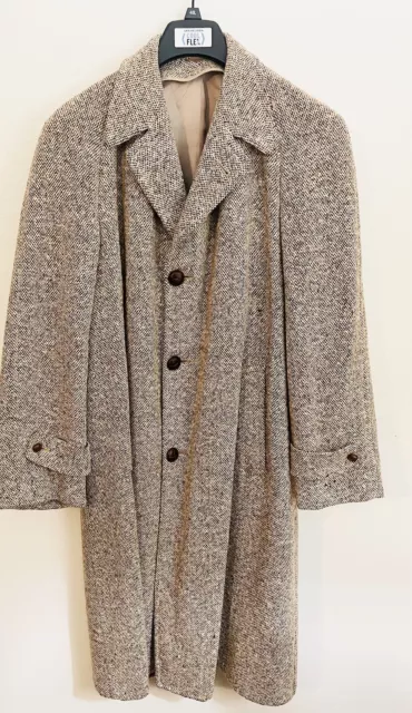 Vintage 1960s Brent Mens Tailored Brown Tweed Pure Scottish Wool Overcoat Sz XL