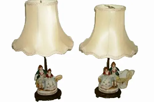 ANTIQUE FRENCH COUPLE BOUDOIR LAMPS PORCELAIN SILK SHADES 20s 30s BRONZED BASE