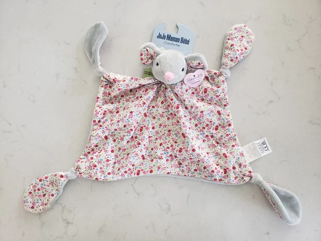 Jojo Maman Bebe Grey Floral Mouse Comforter Soother Blankie Blanket - Brand New