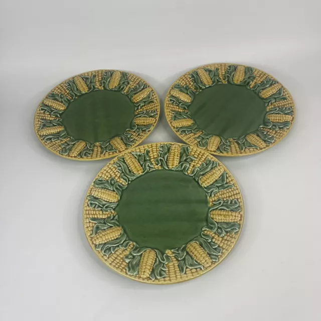 Set Of 3 Vintage Bordall Pinhiero Portugal 10" Corn Cob Majolica Pottery Plates