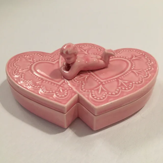 Vintage Handmade Ceramic Romantic Pink Heart Trinket Box Cupid
