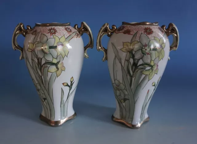 Paar Jugendstil Porzellan Vasen Vase Gladiole wohl Nancy Frankreich (E23-074)
