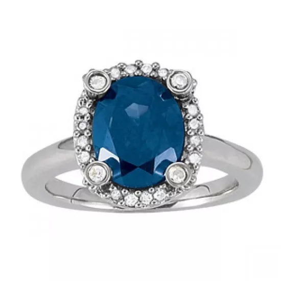 BAGUE COCKTAIL OVALE FEMME EN OR BLANC 14k DIAMANT & TOPAZE BLEU LONDRES NEUF