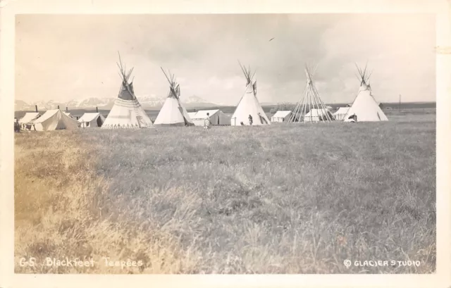 Native Americana~Montana Niitsitapi Tribe~Blackfeet Teepees~1940 Real Photo~RPPC