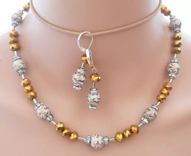 2er Schmuckset Halskette Collier Ohrringe Perlen Glas weiß gold Strass 156f