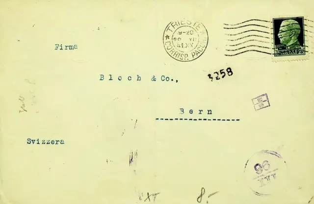 ITALY 1941 WWII 25c ON CENSORED COVER FROM TRIESTE TO BERN SWITZERLAND