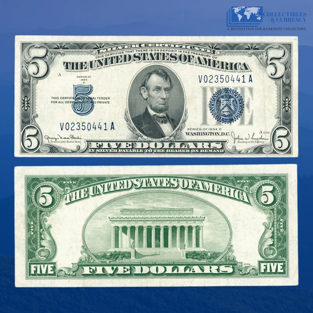 1934D $5 Five Dollars Silver Certificates, Blue Seal, Narrow Face, VF+ Condition