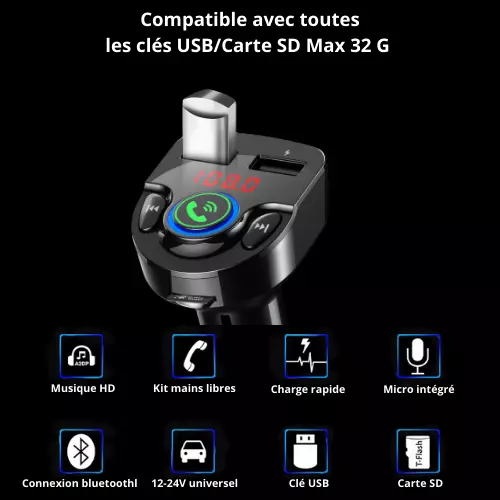 transmetteur FM Bluetooth kit mains libres, chargeur téléphone, carte SD/clé USB