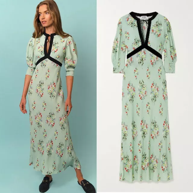 NEW Rixo Petra Mint Green Velvet Trim Floral Midi Dress XS S M L XL