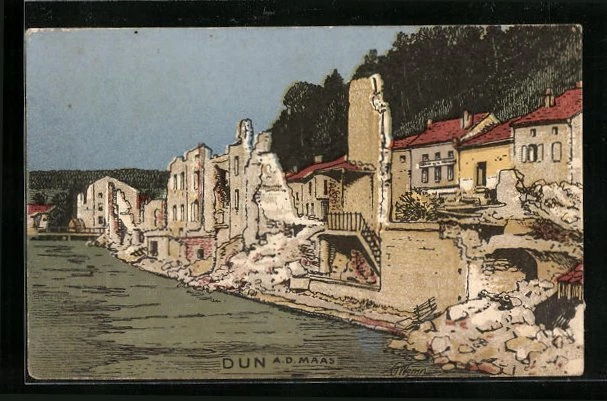CPA Illustrateur Dun a. d. Maas, Im Krieg maisons en ruines