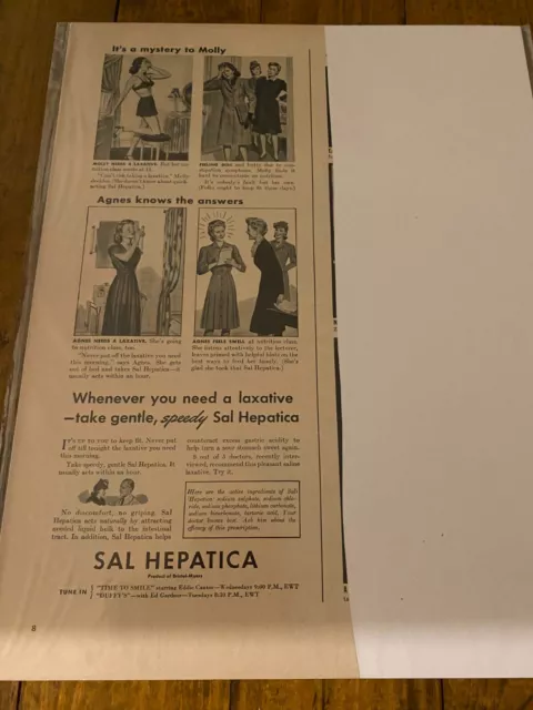 Vintage 1943 Sal Hepatica Laxative Mystery To Molly ad