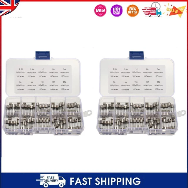 100 pz fusibili tubo di vetro per auto assortiti 10 tipi 0,2 A-20 A fusibile tubo di vetro fusibile fine
