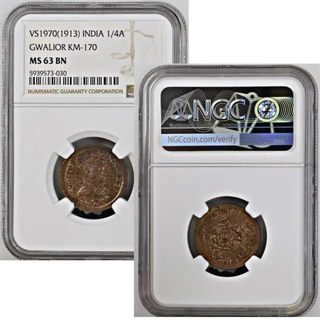 INDIA -PRINCELY STATES - Gwalior, Madho Rao Copper 1/4 Anna,NGC GRADED MS 63 BN,