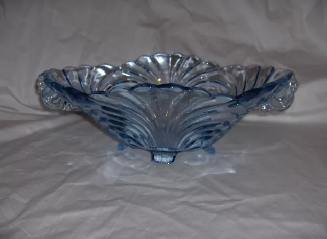 Vintage Cambridge Crystal Caprice Oval Bowl Handled 4 Toed Moonlight Blue #300