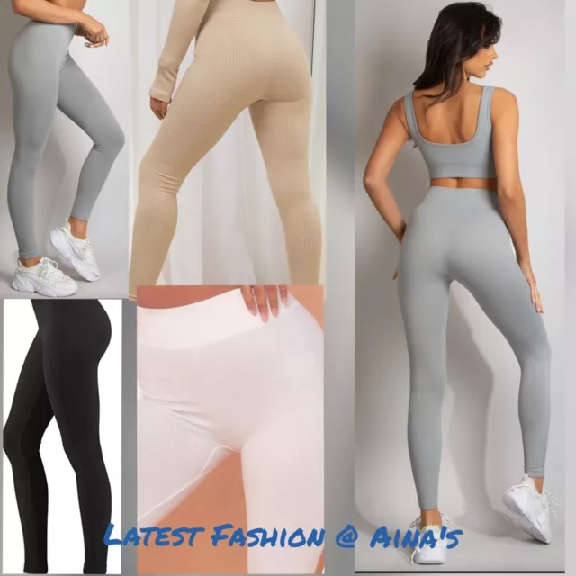 Women High Waist Seamless Ribbed Thick Leggings Ladies Stretchy Jogging Bottoms