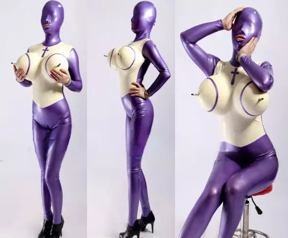 100% Latex Rubber Gummi Catsuit Bodysuit Lila Suit 3D Chest Zentai 0.4mm S-XXL