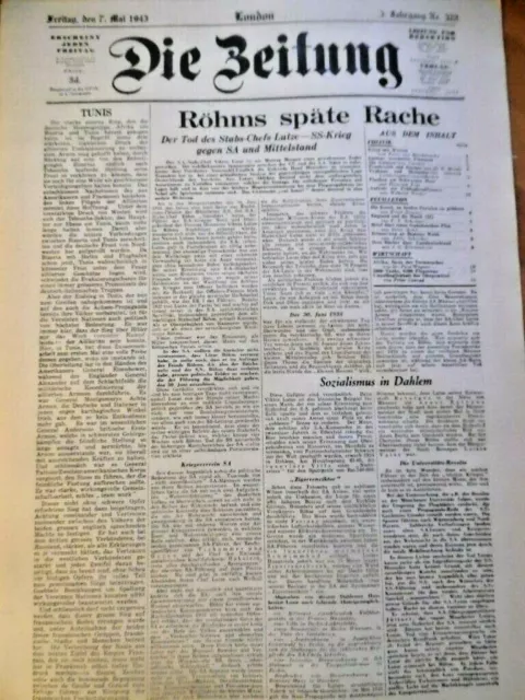 DIE ZEITUNG London 7. Mai 1943 Tod Viktor Lutze Röhms späte Rache SS-Krieg Tunis