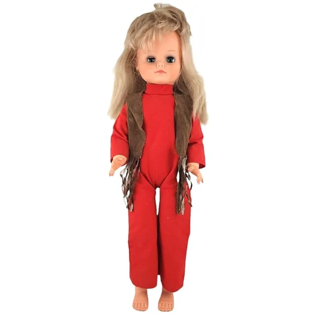 Blonde Vintage Girl Doll Regal Toy Canada 25" Blue Sleepy Eyes Red Jumpsuit Vest
