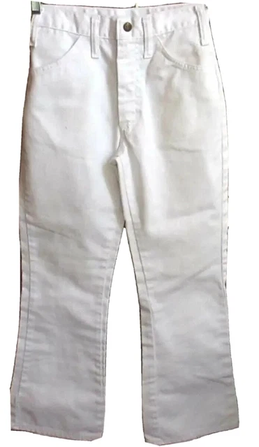 GIRLS Sz 10 true 24x27 Vtg 70s COTTON WHITE DENIM BELLBOTTOM JEANS