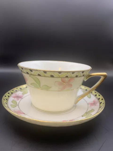 Antique Nippon Tea Cup & Saucer Hand Painted Moriage Floral Pink Gold