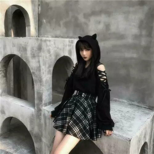 New Kawaii Clothing Gothic Punk Cat Hoodie Black Sweatshirt Harajuku Ulzzang La