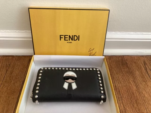 Rare Fendi Karlito 2017 Black Saffiano Stud Zip Around Wallet MSRP: $995 + Tax