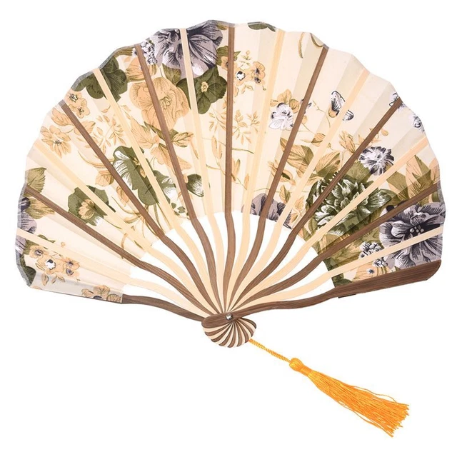Estilo Clásico Flor Tela Bambú Plegable Baile Hand Ventilador Beige X4P6
