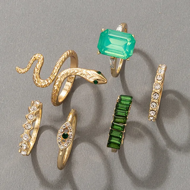 6pcs/set Luxury Green Rhinestone Snake Rings for Women Vintage Crystal Jewe~j;