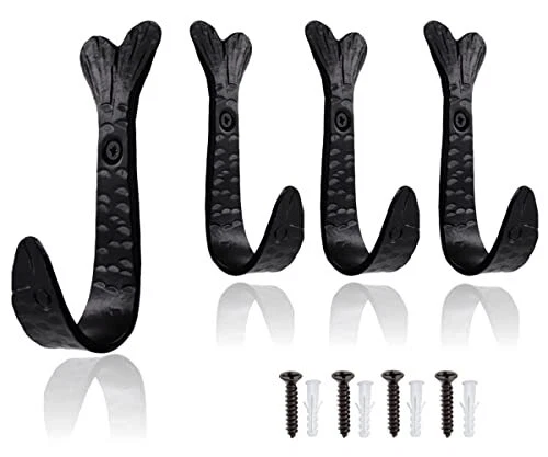 Rustic Wrought Iron Hooks - 4 Pack, Vintage Hanging Hooks, Cottage Kitchen