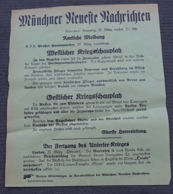 1. WK Plakat Tagesaufruf Aufmacher Münchner Zeitung Hartmannsweilerkopf