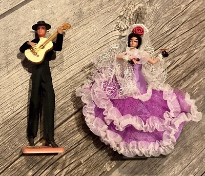 Vintage Marin Chiclana Spanish Flamenco Dancer Dolls 6 in Purple dress & guitar