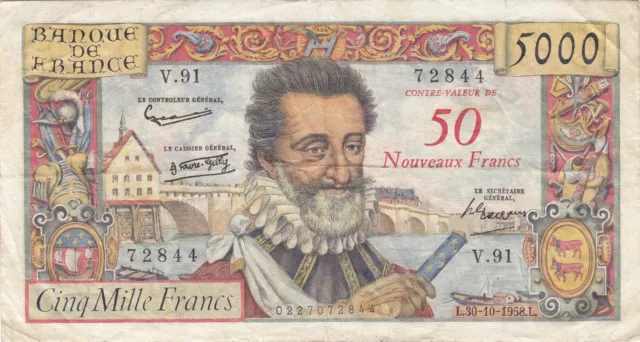 5000 F Henri IV surchargé 50 NF du 30-10-1958 FAY 54.01 Alph. V.91