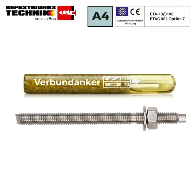 Cartucho de anclaje compuesto M10 + barra de anclaje A4 acero inoxidable M10 x130 mm cartucho de mortero