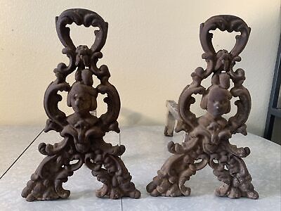 Vintage Antique Early Cast Iron Fireplace Andirons Pair Dutch Boy Girl Face