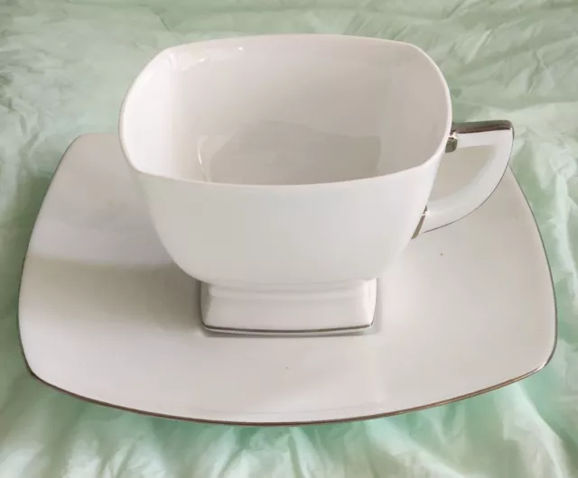 JL COQUET Prelude Platinum White Cup & Saucer Set. EUC Porcelain Limoges France