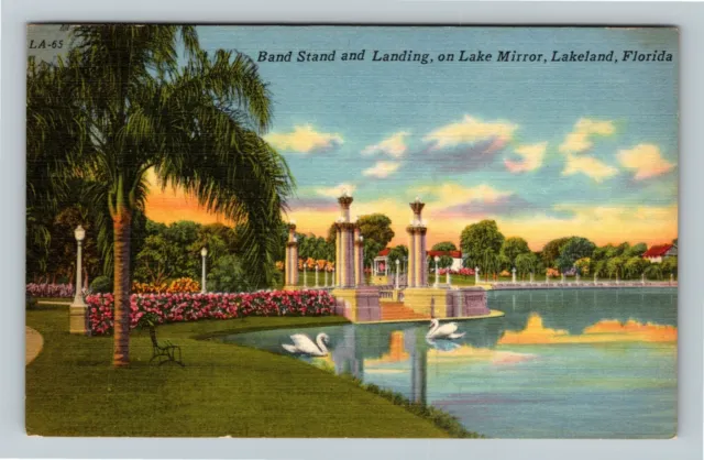 Lakeland FL- Florida, Band Stand And Landing, Lake Mirror Vintage Linen Postcard