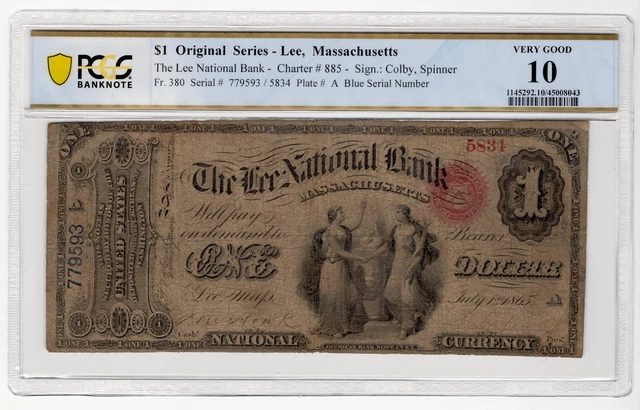 1865 $1 The Lee National Bank Lee Massachusetts PCGS Very Good 10, Colby Spinner