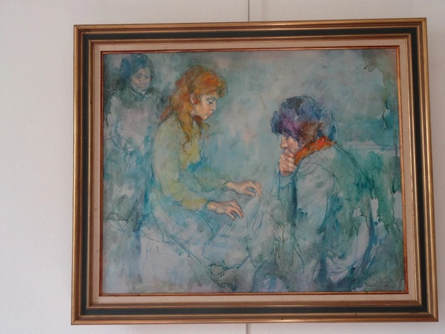La leçon de piano technique mixte sur toile. Oeuvre encadrée.