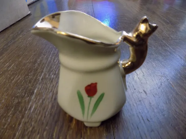 Vtg Czechoslovakia Ivory Metallic Gold Cat Handle Flower Tulip Creamer Pitcher
