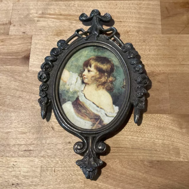 Small Cast Metal Italy Ornate 6" Vtg Framed Girl Print Wall Mini RV Tiny Home