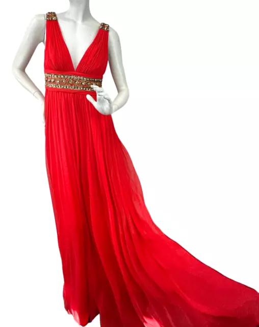 MARCHESA NOTTE Silk Gown 4 Red V-Neck Embellished Evening Long Dress Red Carpet