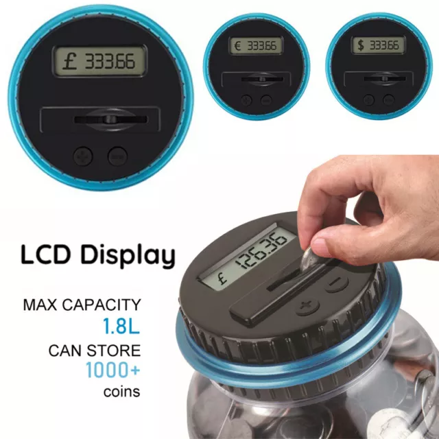 UK Electronic Digital LCD Coin Counter Counting Jar Money Saving Piggy Bank 1.8L