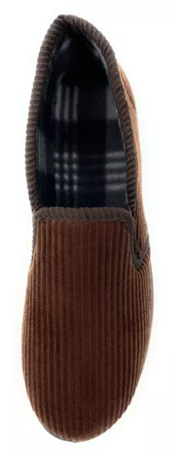 Mens Brown Plush Cord Slip On Twin Gusset Full Back Slippers