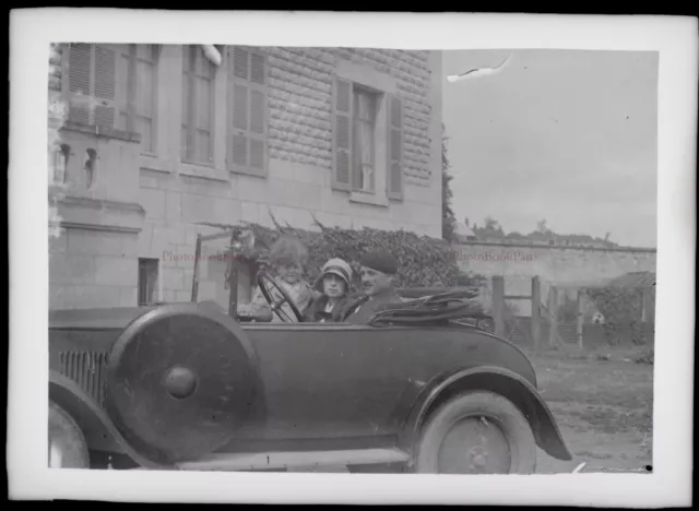 FRANCE family holiday car c1930 photo NEGATIVE glass plate Vr14L1n8