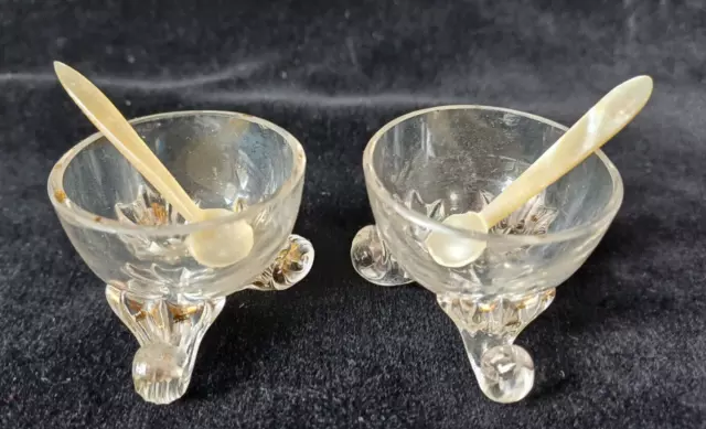 Pair of Small Bohemian Moser Clear Glass  'Caviar' Bowls Scroll Feet c1920. A/F