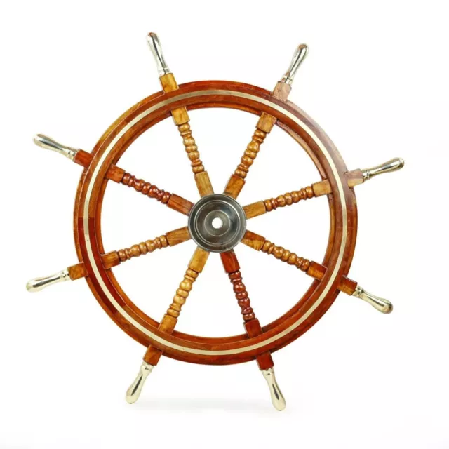 36" Nautical Wooden Ship Steering Wheel Pirate Wall Decor Brass Finishing